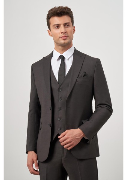 Siyah Kılıç Yaka Yelekli 6 Drop Slim Fit Classic Takım Elbise 1001245156