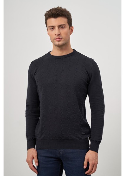 Koyu Lacivert Uzun Kol Kendinden Desenli Örme Bisiklet Yaka Classic Comfort Fit Triko 1012245155