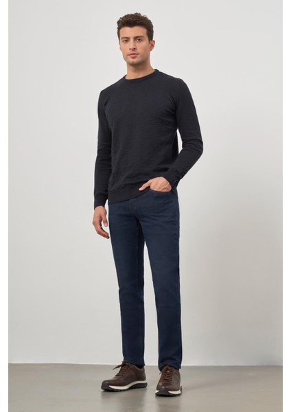 Koyu Lacivert Uzun Kol Kendinden Desenli Örme Bisiklet Yaka Classic Comfort Fit Triko 1012245155 fiyatları