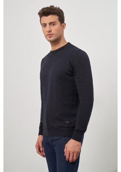 Koyu Lacivert Uzun Kol Kendinden Desenli Örme Bisiklet Yaka Classic Comfort Fit Triko 1012245155 modelleri