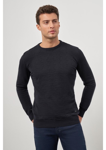 Koyu Lacivert Uzun Kol Kendinden Desenli Örme Bisiklet Yaka Classic Comfort Fit Triko 1012245155 fırsatları