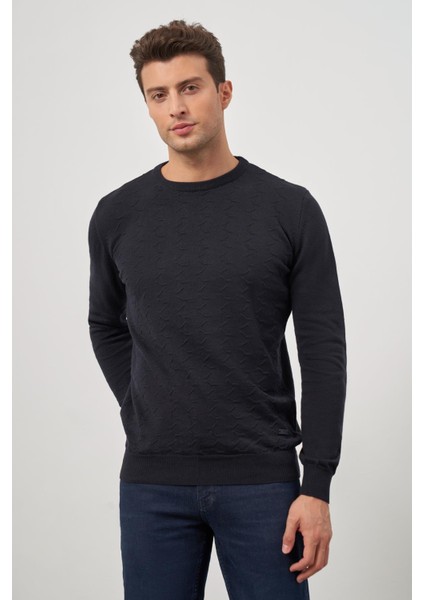 Koyu Lacivert Uzun Kol Kendinden Desenli Örme Bisiklet Yaka Classic Comfort Fit Triko 1012245155 indirimleri