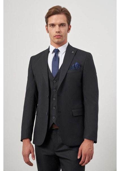 Koyu Lacivert Kılıç Yaka Yelekli 6 Drop Slim Fit Classic Takım Elbise 1001245156