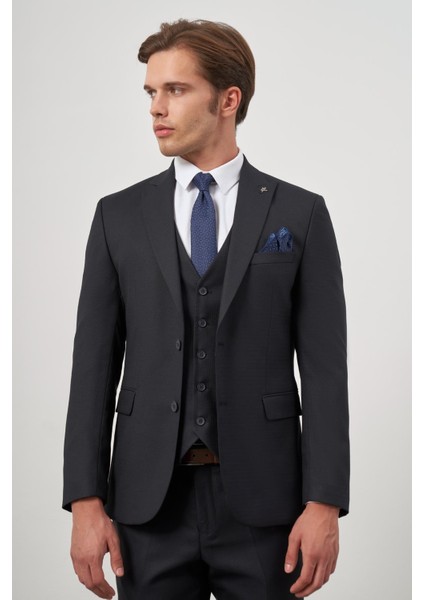 Koyu Lacivert Kılıç Yaka Yelekli 6 Drop Slim Fit Classic Takım Elbise 1001245156 modelleri