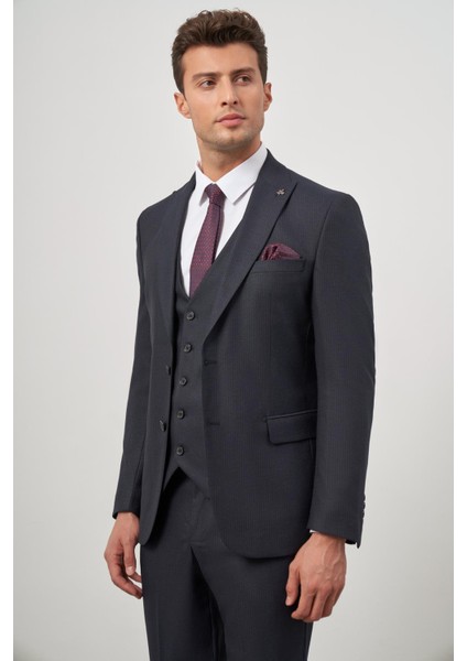 Koyu Lacivert Kılıç Yaka Yelekli 6 Drop Slim Fit Classic Takım Elbise 1001245153 modelleri