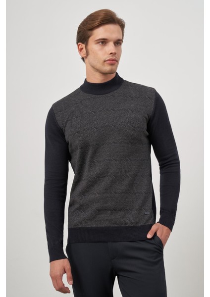 Koyu Lacivert Uzun Kol Kendinden Örme Yarım Balıkçı Yaka Classic Comfort Fit Triko 1012245152