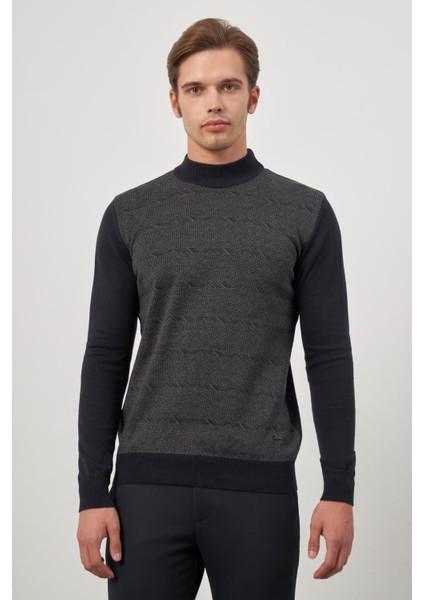 Koyu Lacivert Uzun Kol Kendinden Örme Yarım Balıkçı Yaka Classic Comfort Fit Triko 1012245152 modelleri