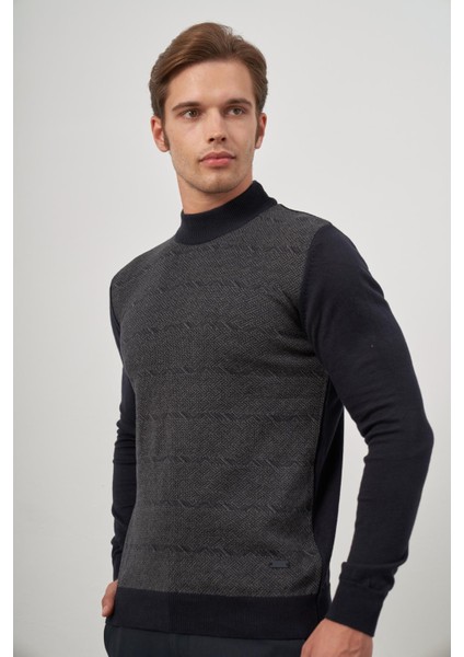 Koyu Lacivert Uzun Kol Kendinden Örme Yarım Balıkçı Yaka Classic Comfort Fit Triko 1012245152 fırsatları