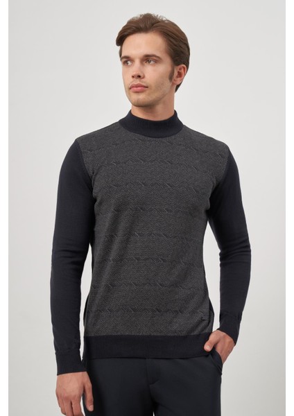 Koyu Lacivert Uzun Kol Kendinden Örme Yarım Balıkçı Yaka Classic Comfort Fit Triko 1012245152 indirimleri