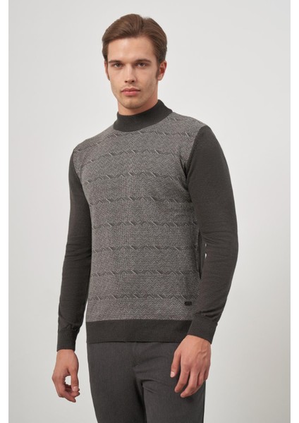 Koyu Antrasit Uzun Kol Kendinden Örme Yarım Balıkçı Yaka Classic Comfort Fit Triko 1012245152