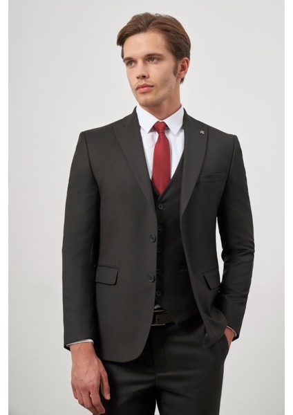 Siyah Kılıç Yaka Yelekli 6 Drop Slim Fit Classic Takım Elbise 1001245155