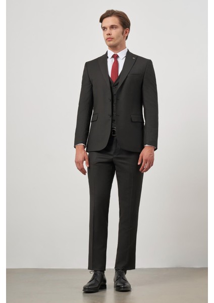 Siyah Kılıç Yaka Yelekli 6 Drop Slim Fit Classic Takım Elbise 1001245155