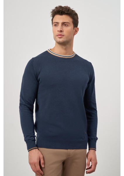 İndigo Mavi Uzun Kol Düz Örme Bisiklet Yaka Classic Slim Fit Triko 1012245108