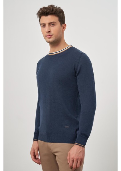 İndigo Mavi Uzun Kol Düz Örme Bisiklet Yaka Classic Slim Fit Triko 1012245108 modelleri