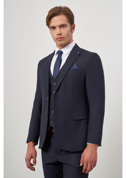 Koyu Lacivert Düz Kılıç Yaka Yelekli 6 Drop Slim Fit Classic Takım Elbise 1001245151