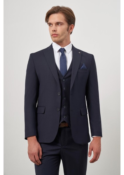 Koyu Lacivert Düz Kılıç Yaka Yelekli 6 Drop Slim Fit Classic Takım Elbise 1001245151 fırsatları
