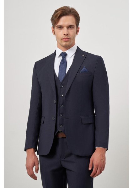 Koyu Lacivert Düz Kılıç Yaka Yelekli 6 Drop Slim Fit Classic Takım Elbise 1001245151 indirimleri