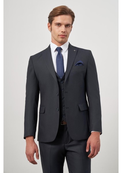 Koyu Lacivert Kılıç Yaka Yelekli 6 Drop Slim Fit Classic Takım Elbise 1001245154
