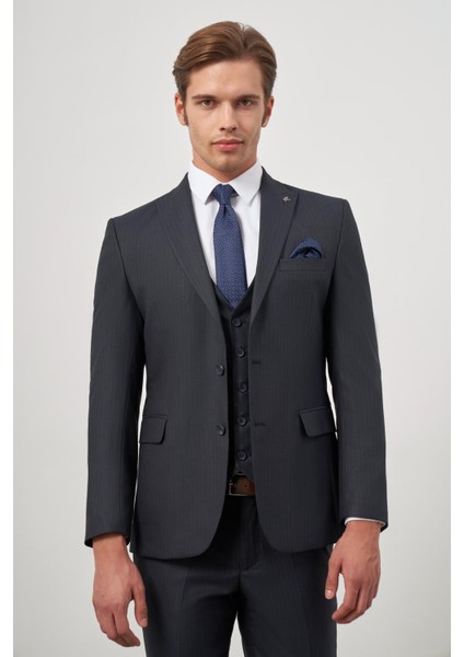 Koyu Lacivert Kılıç Yaka Yelekli 6 Drop Slim Fit Classic Takım Elbise 1001245154 modelleri