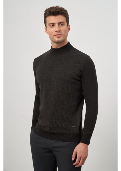 Siyah Uzun Kol Kendinden Desenli Örme Yarım Balıkçı Yaka Classic Comfort Fit Triko 1012245159