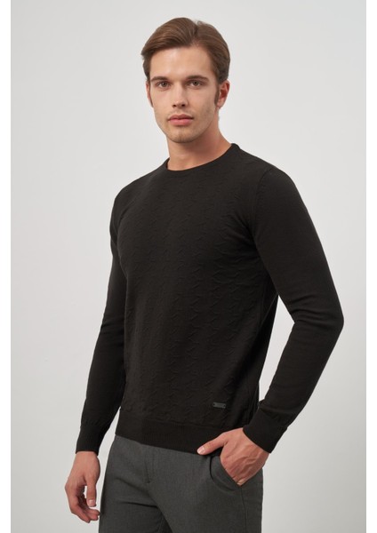 Siyah Uzun Kol Kendinden Desenli Örme Bisiklet Yaka Classic Comfort Fit Triko 1012245155 fırsatları