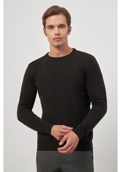 Siyah Uzun Kol Kendinden Desenli Örme Bisiklet Yaka Classic Comfort Fit Triko 1012245155 indirimleri