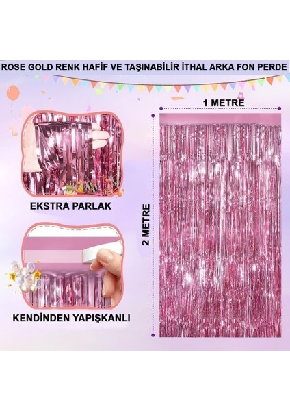 Ekstra Metalize Parlak Saçaklı Arka Fon Perde Rose Gold