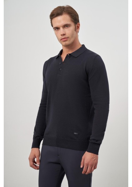 Koyu Lacivert Uzun Kol Düz Örme Polo Yaka Classic Comfort Fit Triko 1012245007