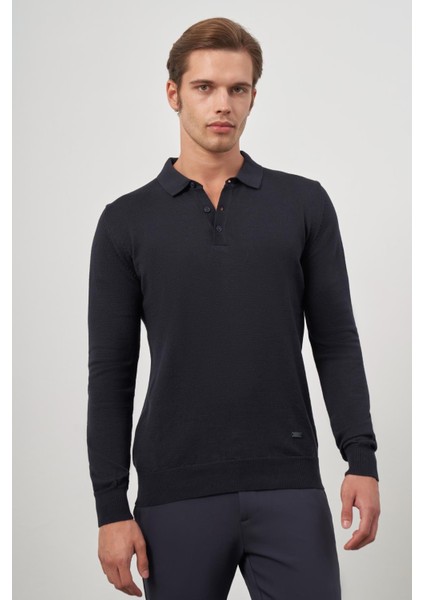 Koyu Lacivert Uzun Kol Düz Örme Polo Yaka Classic Comfort Fit Triko 1012245007 fırsatları