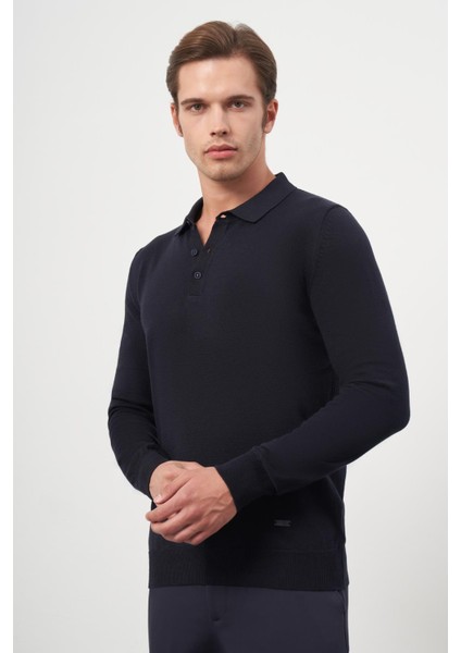 Koyu Lacivert Uzun Kol Düz Örme Polo Yaka Classic Comfort Fit Triko 1012245007 indirimleri