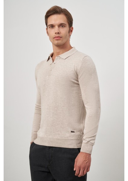Açık Bej Uzun Kol Düz Örme Polo Yaka Classic Comfort Fit Triko 1012245007