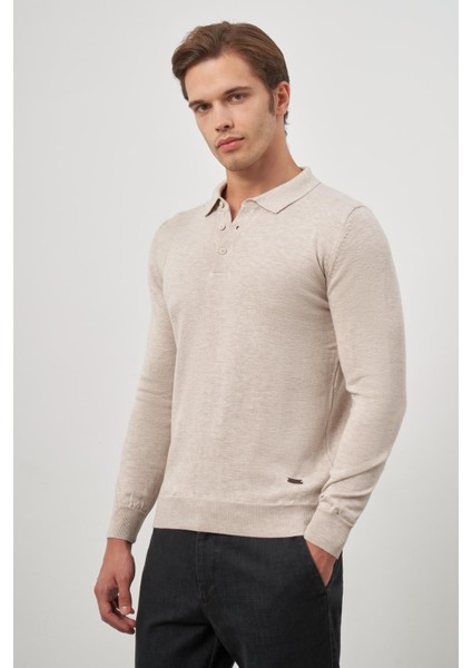 Açık Bej Uzun Kol Düz Örme Polo Yaka Classic Comfort Fit Triko 1012245007 fırsatları