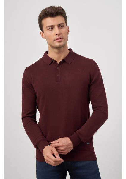 Bordo Uzun Kol Düz Örme Polo Yaka Classic Comfort Fit Triko 1012245007