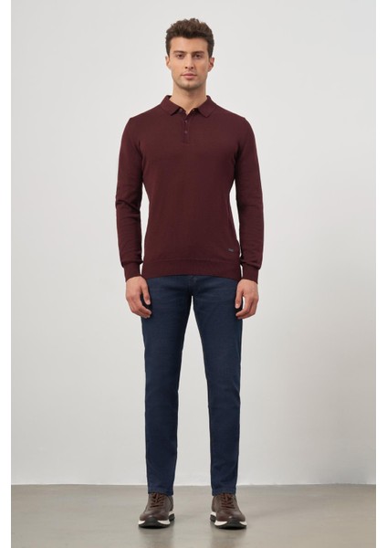 Bordo Uzun Kol Düz Örme Polo Yaka Classic Comfort Fit Triko 1012245007 fiyatları