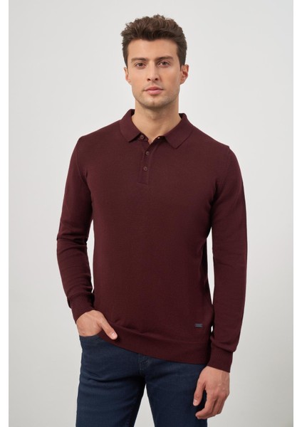 Bordo Uzun Kol Düz Örme Polo Yaka Classic Comfort Fit Triko 1012245007 fırsatları