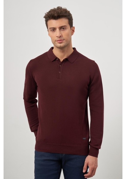 Bordo Uzun Kol Düz Örme Polo Yaka Classic Comfort Fit Triko 1012245007 indirimleri
