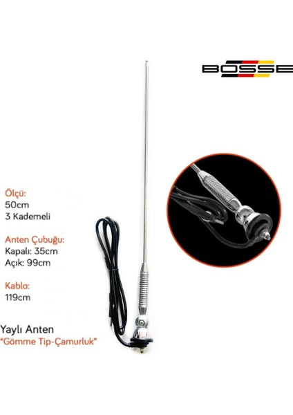 Oto Anten Çamurluk Anteni Gömme Yaylı Nikel 99 cm