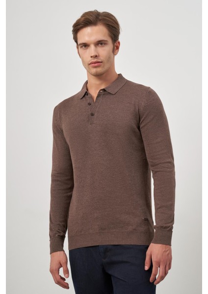 Sütlü Kahverengi Uzun Kol Düz Örme Polo Yaka Classic Comfort Fit Triko 1012245007