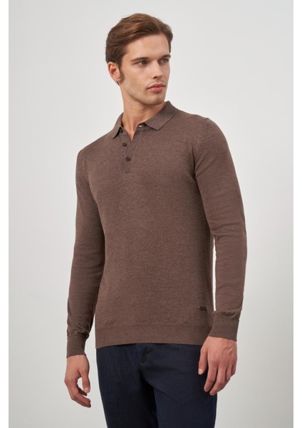 Sütlü Kahverengi Uzun Kol Düz Örme Polo Yaka Classic Comfort Fit Triko 1012245007 modelleri