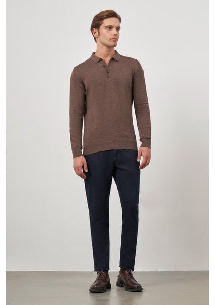 Sütlü Kahverengi Uzun Kol Düz Örme Polo Yaka Classic Comfort Fit Triko 1012245007 fırsatları