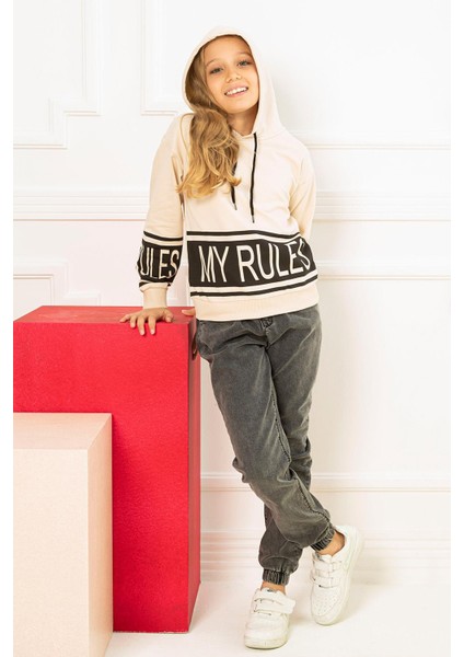 Kapüşonlu Uzun Kol Taş Rengi Kız Çocuk Sweatshirt