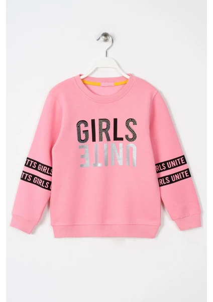 Kız Çocuk Pembe Renkli Girls United Baskılı Taşlı Sweatshirt