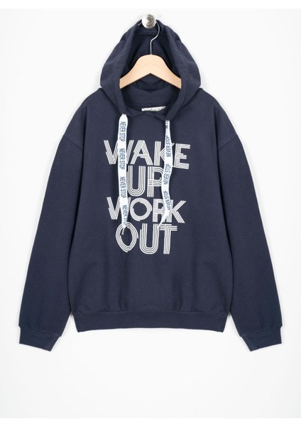 Erkek Çocuk Lacivert Renkli Wake Up Work Out Baskılı Kapüşonlu Şardonlu Sweatshirt
