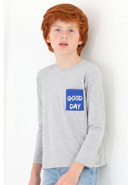 Erkek Çocuk Ön Cepli Good Day Baskılı Uzun Kollu Tshirt