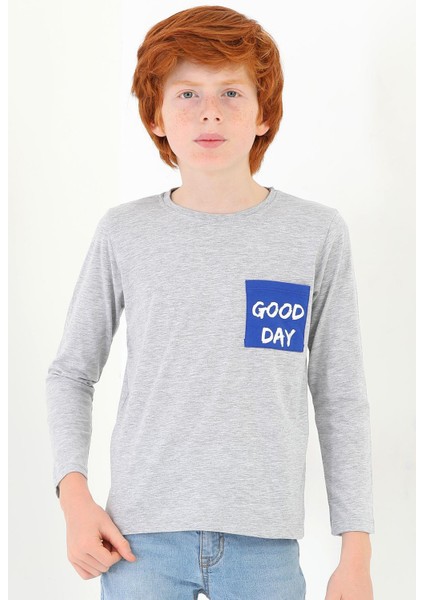 Erkek Çocuk Ön Cepli Good Day Baskılı Uzun Kollu Tshirt