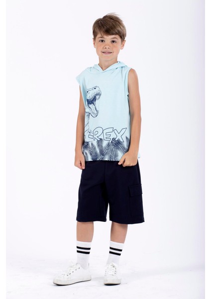 Trex Baskılı Kapüşonlu Sıfır Kol Mavi Renk Erkek Çocuk Tshirt