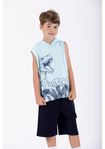 Trex Baskılı Kapüşonlu Sıfır Kol Mavi Renk Erkek Çocuk Tshirt fiyatları