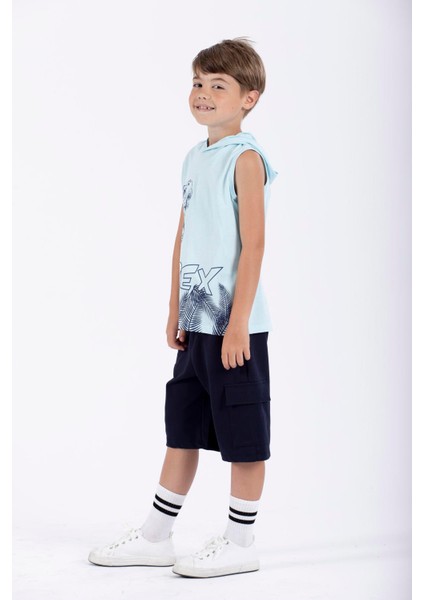 Trex Baskılı Kapüşonlu Sıfır Kol Mavi Renk Erkek Çocuk Tshirt modelleri