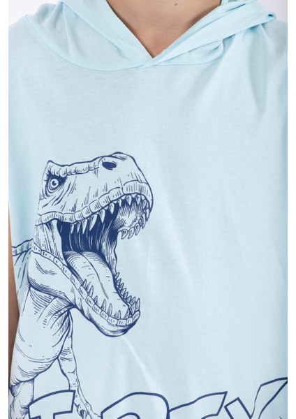 Trex Baskılı Kapüşonlu Sıfır Kol Mavi Renk Erkek Çocuk Tshirt indirimleri