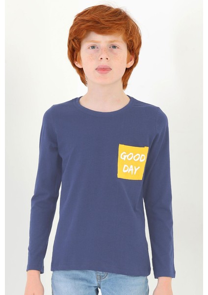 Erkek Çocuk Ön Cepli Good Day Baskılı Uzun Kollu Tshirt modelleri